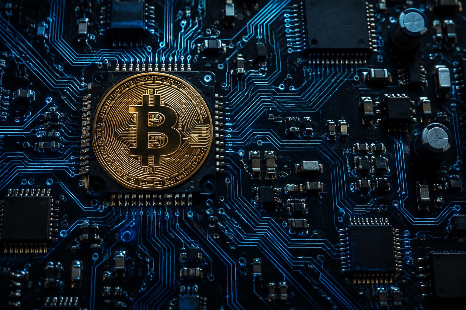 Gold Bitcoin emblem on an illuminated circuit board